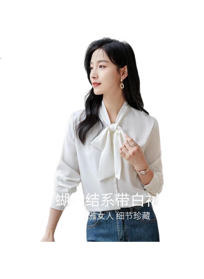 First Application Chushen Long-Sleeve Satin Blouse For Women, Versatile And Fashionable, With Bow Tie, White Shirt, S132C2366 - Image 3