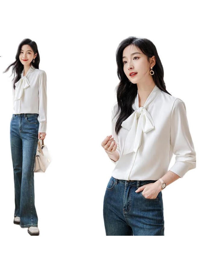 First Application Chushen Long-Sleeve Satin Blouse For Women, Versatile And Fashionable, With Bow Tie, White Shirt, S132C2366 - Image 1