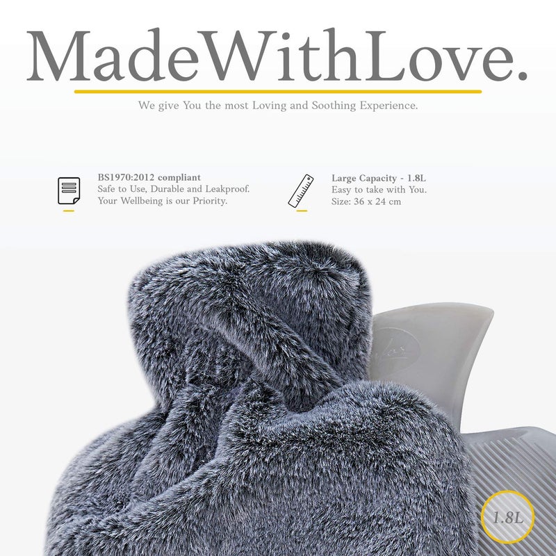 Qomfor Hot Water Bottle with Fluffy Cover - Soft Premium Faux Fur Cover - 1.8l Large Capacity - Hot Water Bag for Cosy Nights, Pain Relief, Back, Neck and Shoulders - Great Gift for Women (Dark Grey) - Image 3
