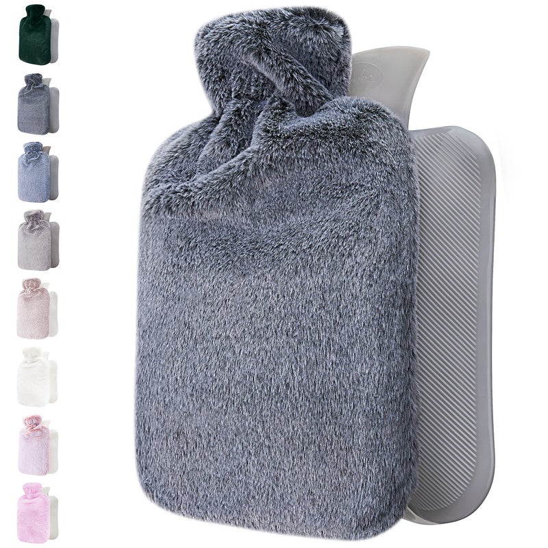 Qomfor Hot Water Bottle with Fluffy Cover - Soft Premium Faux Fur Cover - 1.8l Large Capacity - Hot Water Bag for Cosy Nights, Pain Relief, Back, Neck and Shoulders - Great Gift for Women (Dark Grey) - Image 1