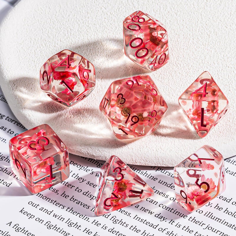 Weyano Flower Resin D&D Dice Set, 7pcs Polyhedral Dice for Dungeons and Dragons, RPG, MTG, Role Playing Games (D4, D6, D8, D10, D12, D20, D%) - Image 2