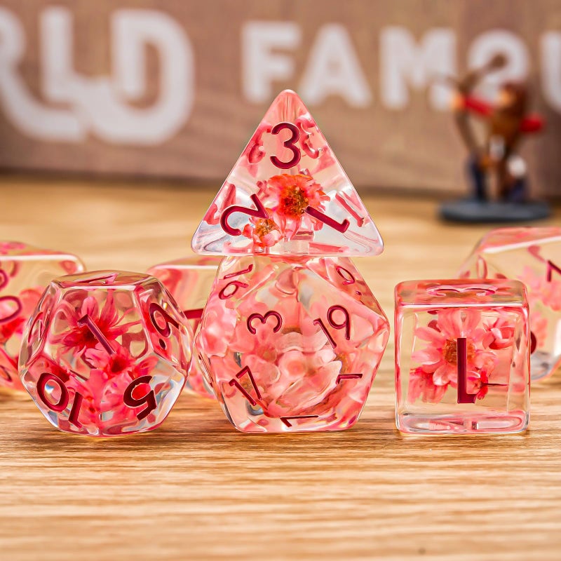 Weyano Flower Resin D&D Dice Set, 7pcs Polyhedral Dice for Dungeons and Dragons, RPG, MTG, Role Playing Games (D4, D6, D8, D10, D12, D20, D%) - Image 3
