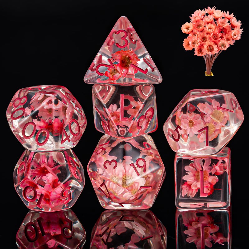 Weyano Flower Resin D&D Dice Set, 7pcs Polyhedral Dice for Dungeons and Dragons, RPG, MTG, Role Playing Games (D4, D6, D8, D10, D12, D20, D%) - Image 1