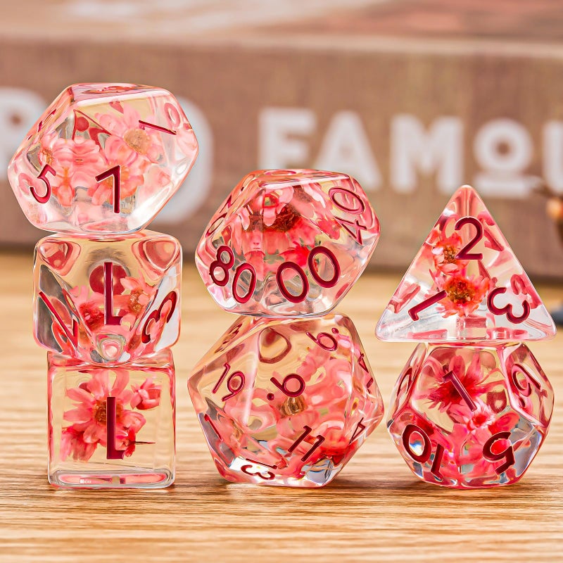 Weyano Flower Resin D&D Dice Set, 7pcs Polyhedral Dice for Dungeons and Dragons, RPG, MTG, Role Playing Games (D4, D6, D8, D10, D12, D20, D%) - Image 4
