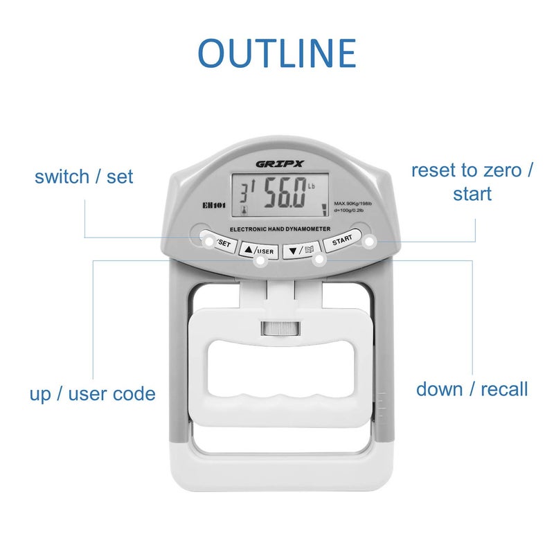 GRIPX Digital Hand Dynamometer Grip Strength Measurement Meter Auto Capturing Electronic Hand Grip Power 198Lbs / 90Kgs - Image 3