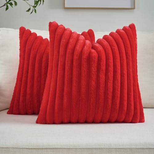 FUTEI Pack of 2 Fluffy Faux Fur Throw Pillow Covers 18x18 Inch Elegant Striped Textured Decorative Cushion Cases Modern Accent Pillow for Couch Bed Living Room Red - Image 1