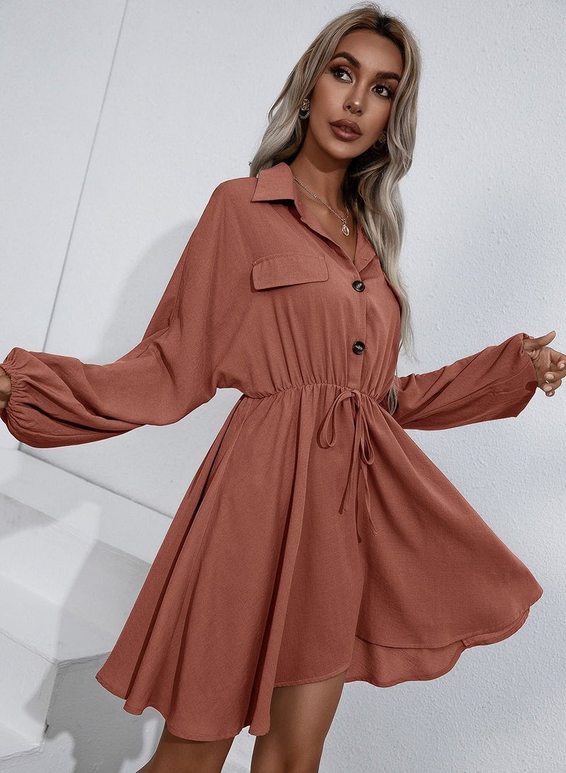 Loquat Lace Up Waist Slim Long Sleeve Shirt Dress Rust Red - Image 3