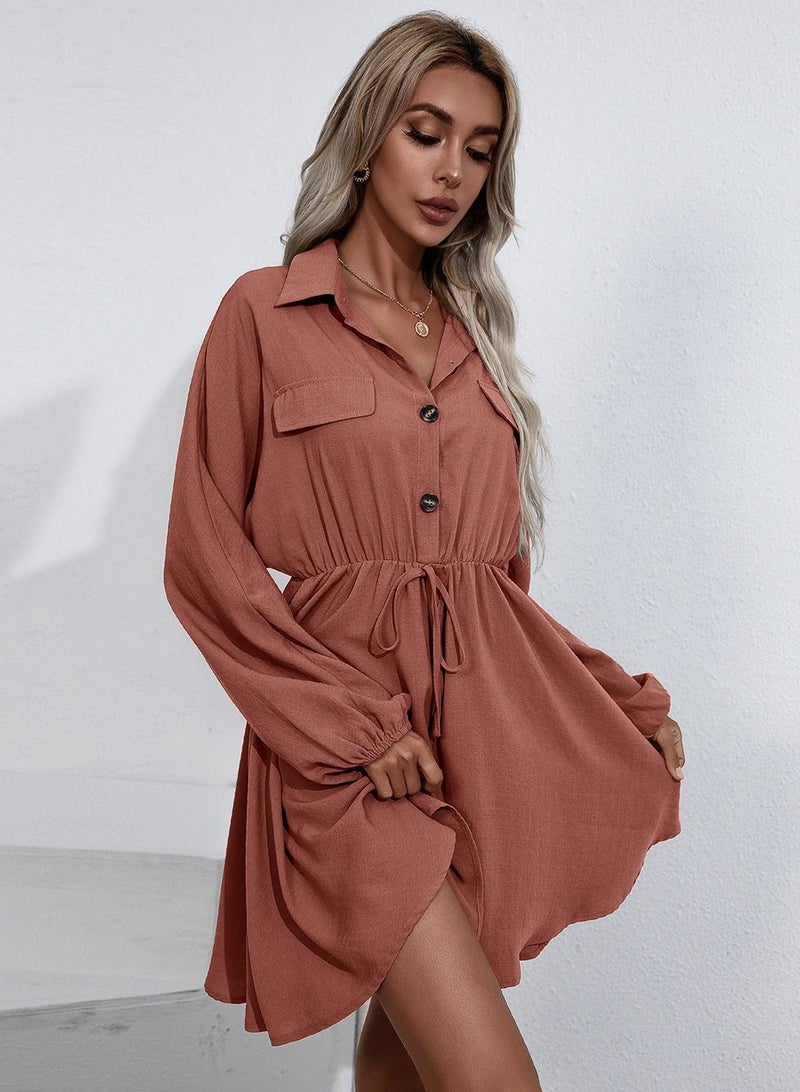Loquat Lace Up Waist Slim Long Sleeve Shirt Dress Rust Red - Image 1