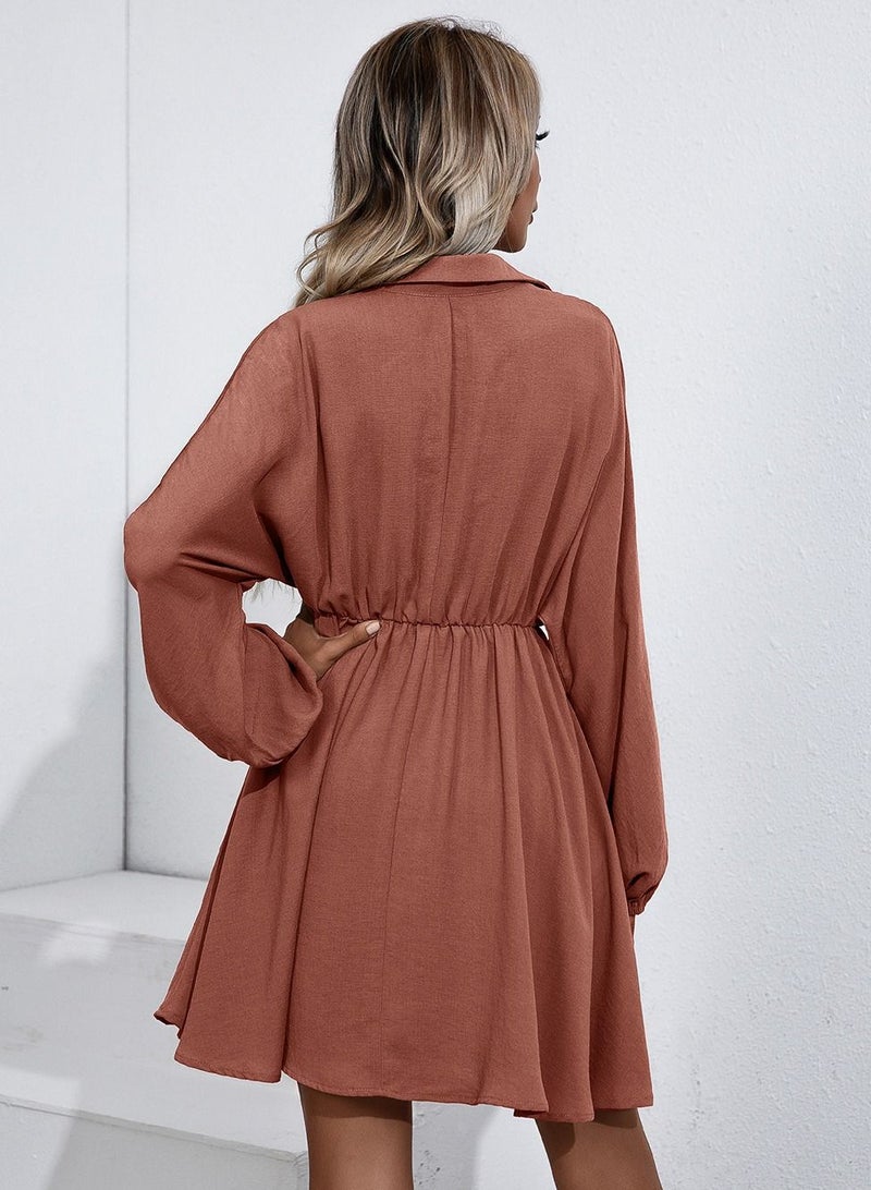 Loquat Lace Up Waist Slim Long Sleeve Shirt Dress Rust Red - Image 2