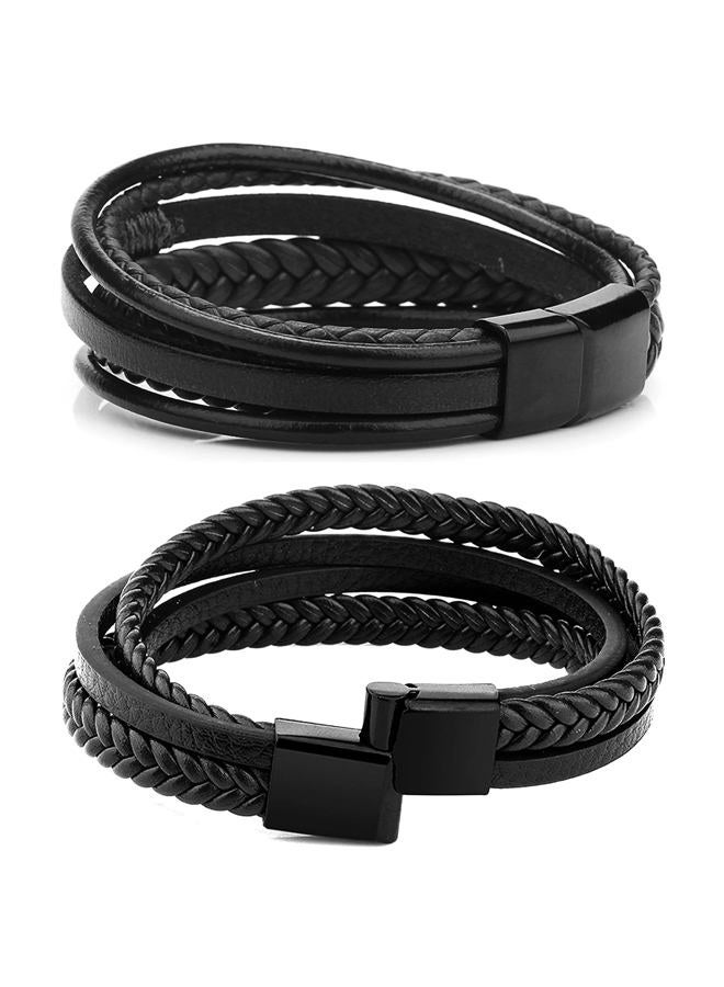 RIOSO 6 Pieces Mens Leather Bracelet Stainless Steel Multi-layer Braided Black Leather Bracelets for Men, no gemstone - Image 4