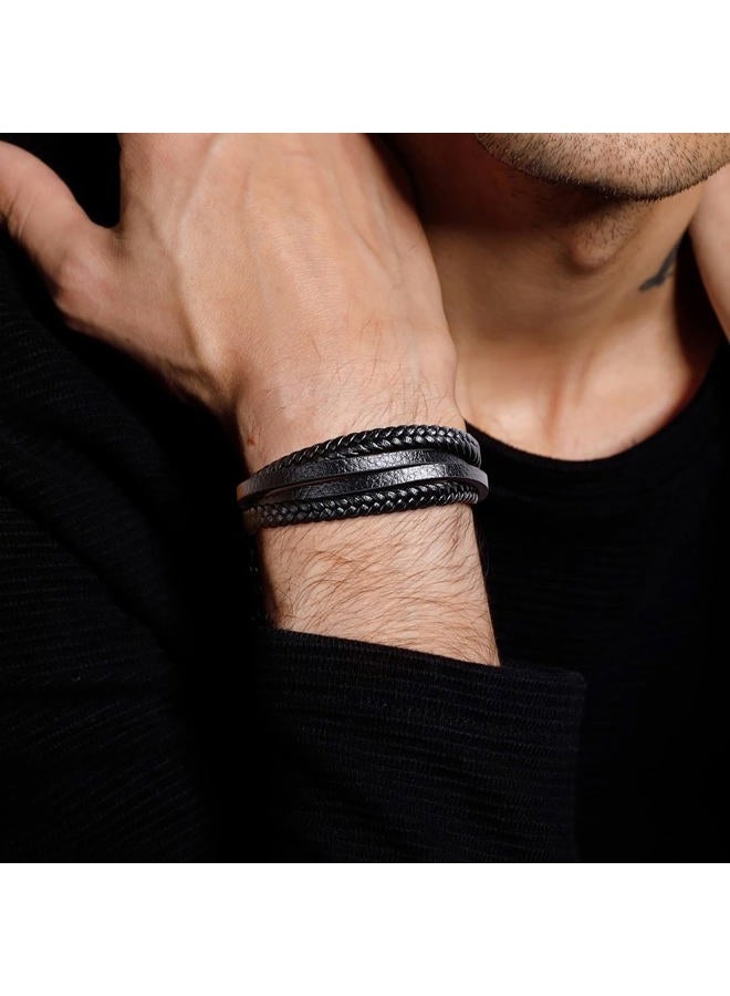 RIOSO 6 Pieces Mens Leather Bracelet Stainless Steel Multi-layer Braided Black Leather Bracelets for Men, no gemstone - Image 2