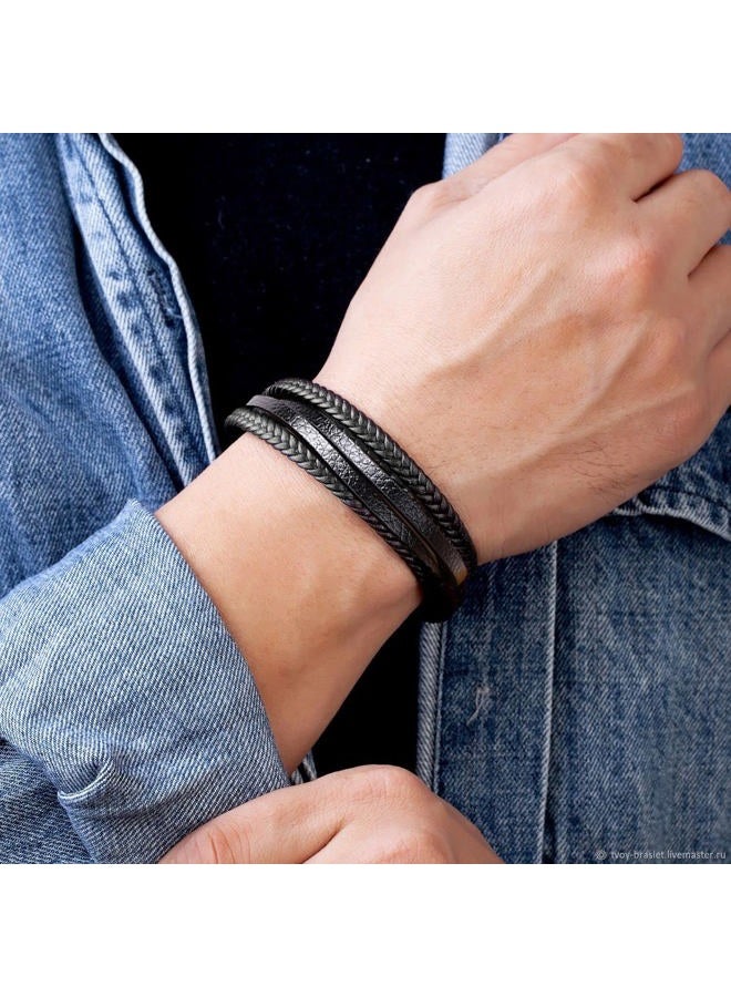 RIOSO 6 Pieces Mens Leather Bracelet Stainless Steel Multi-layer Braided Black Leather Bracelets for Men, no gemstone - Image 5