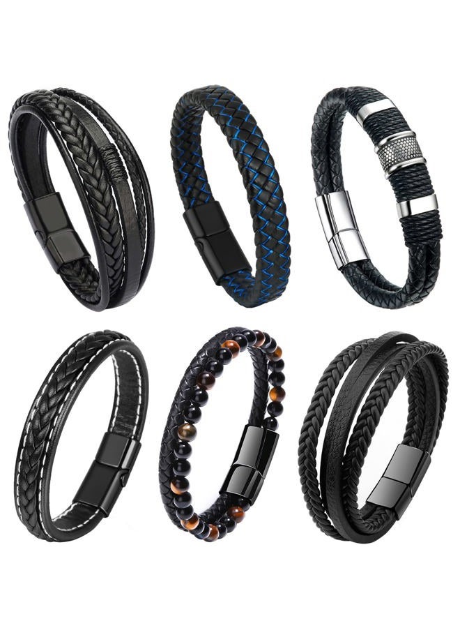 RIOSO 6 Pieces Mens Leather Bracelet Stainless Steel Multi-layer Braided Black Leather Bracelets for Men, no gemstone - Image 1