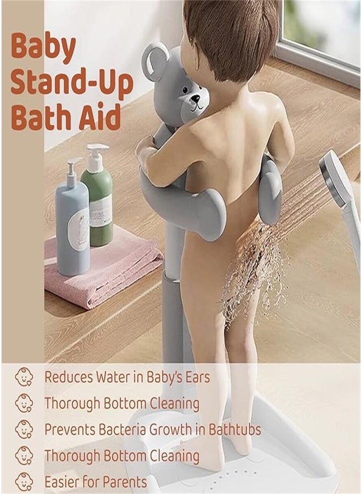 Smart Baby Shower Stand - Safe and non-slip bath support with adjustable height and sturdy handles. Portable and easy-to-use for moms, featuring a cute teddy bear design (pink). - Image 3
