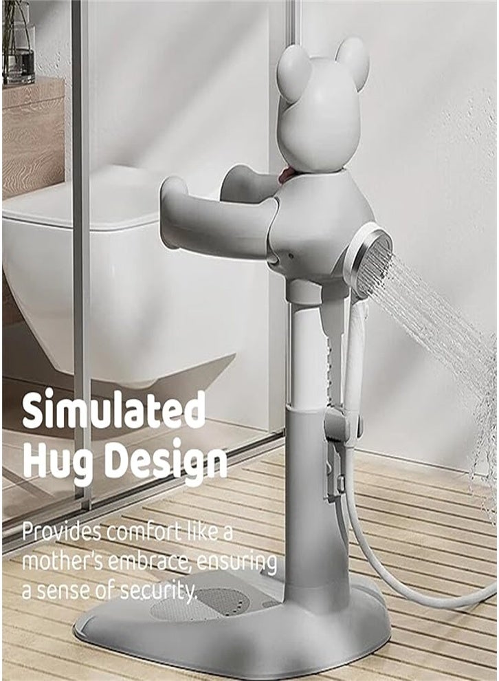 Smart Baby Shower Stand - Safe and non-slip bath support with adjustable height and sturdy handles. Portable and easy-to-use for moms, featuring a cute teddy bear design (pink). - Image 4
