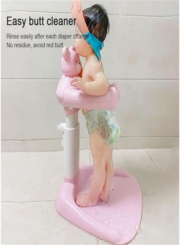 Smart Baby Shower Stand - Safe and non-slip bath support with adjustable height and sturdy handles. Portable and easy-to-use for moms, featuring a cute teddy bear design (pink). - Image 2