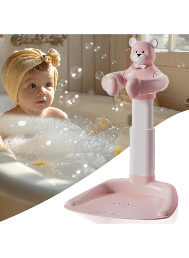 Smart Baby Shower Stand - Safe and non-slip bath support with adjustable height and sturdy handles. Portable and easy-to-use for moms, featuring a cute teddy bear design (pink). - Image 1