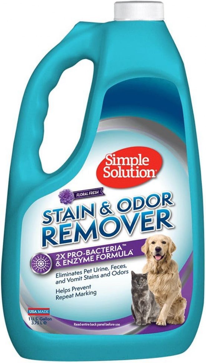 سيمبل سوليوشن مزيل بقع وروائح الحيوانات الأليفة Simple Solution | منظف إنزيمي بقوة تنظيف 2X Pro-Bacteria | عطر فلورال فرش، 1 جالون - Image 1