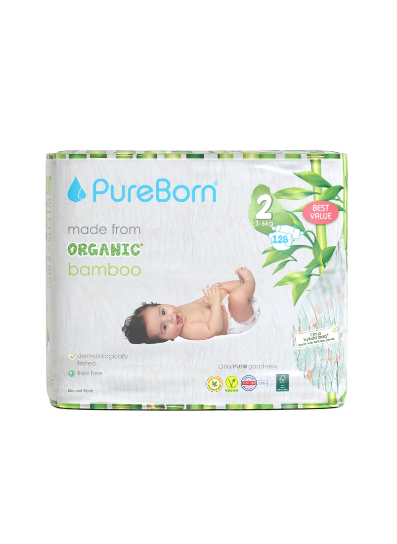 PureBorn Organic Diapers Size-2 3-6kg Master Value Pack Daisy Print 128 Diapers  - Image 1