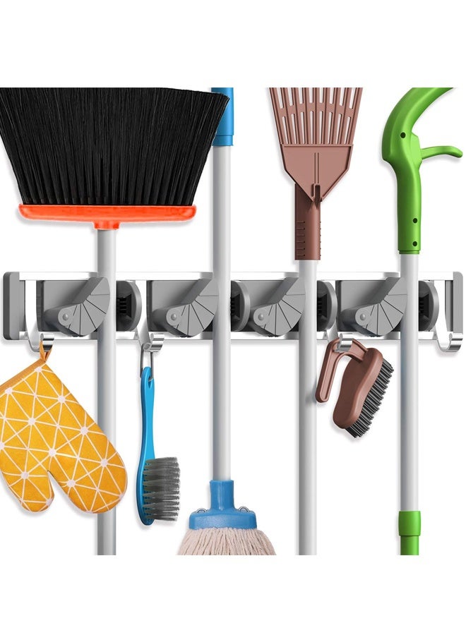 حامل الممسحة ومكنسة حامل الحائط، ومنظم المكنسة أدوات التخزين حوامل الفولاذ المقاوم للصدأ خطاطيف الخدمة الشاقة لاصقة ذاتية الصلب غير المنزلق للمطبخ المنزلي حديقة الملابس مرآب (4 أوضاع مع 5 خطاطيف، فضة) - Image 1