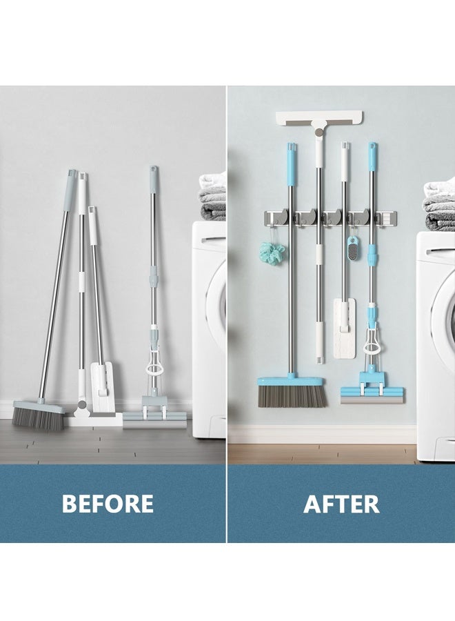 حامل الممسحة ومكنسة حامل الحائط، ومنظم المكنسة أدوات التخزين حوامل الفولاذ المقاوم للصدأ خطاطيف الخدمة الشاقة لاصقة ذاتية الصلب غير المنزلق للمطبخ المنزلي حديقة الملابس مرآب (4 أوضاع مع 5 خطاطيف، فضة) - Image 5