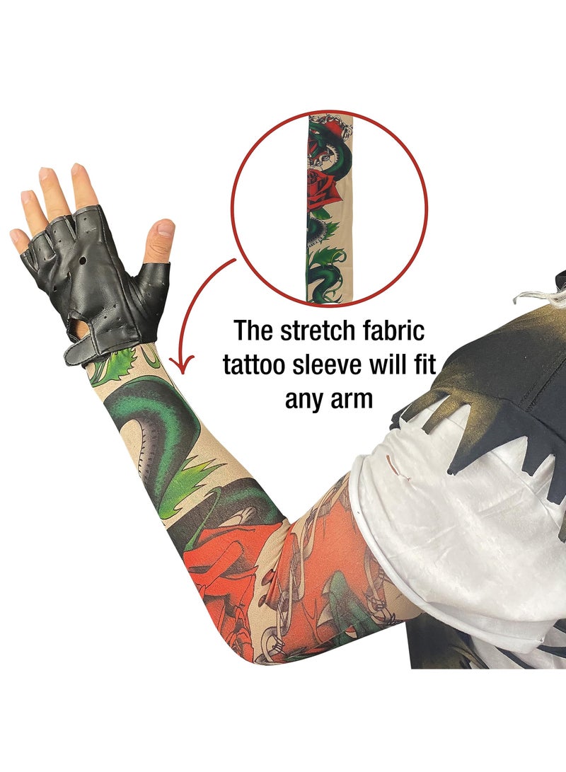 SOLARAE 80s Hair Metal Rocker Costume Set, Glam Rock Band Black Curly Wig with Paisley Print Stretch Fabric Headband, Color Sleeve, and Biker Glove - One Size Fits All (Black) - Image 5