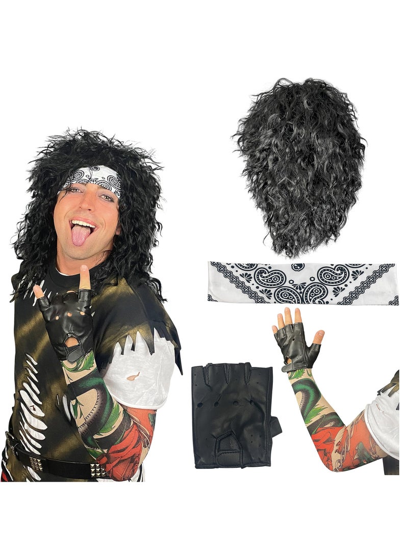 SOLARAE 80s Hair Metal Rocker Costume Set, Glam Rock Band Black Curly Wig with Paisley Print Stretch Fabric Headband, Color Sleeve, and Biker Glove - One Size Fits All (Black) - Image 1