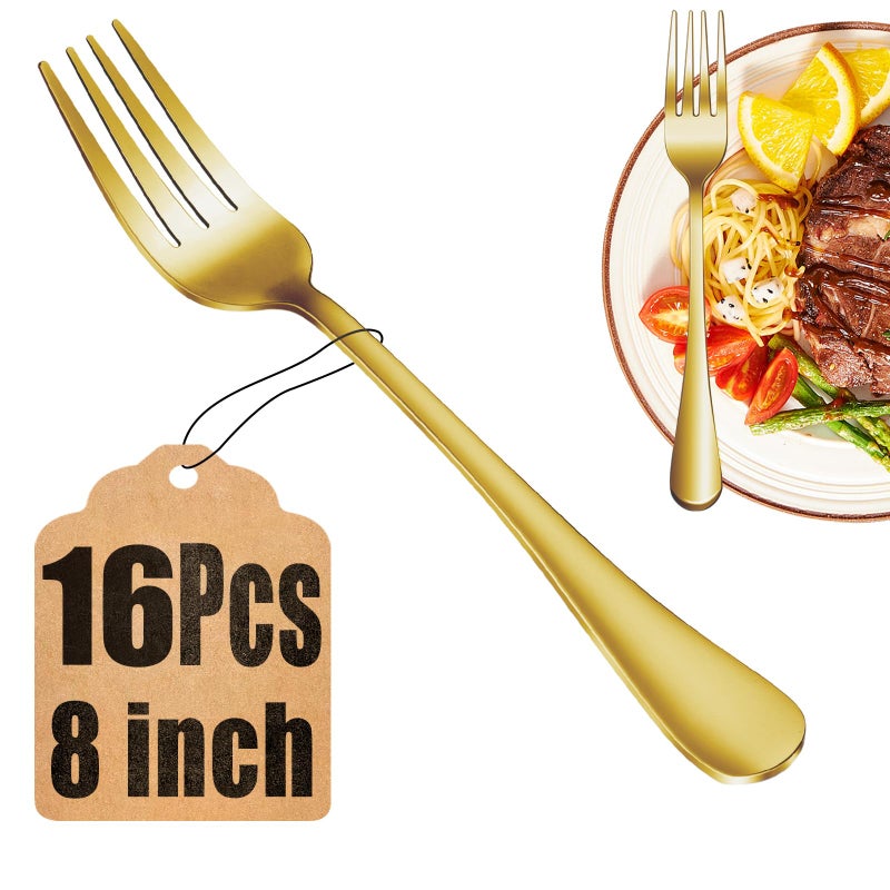 16 Piece Gold Dinner Forks Set FoodGrade Stainless Steel Silverware Forks Cutlery Fork Metal Fork for Home Kitchen or Restaurant Mirror Polished Dishwasher Safe 8 Inch