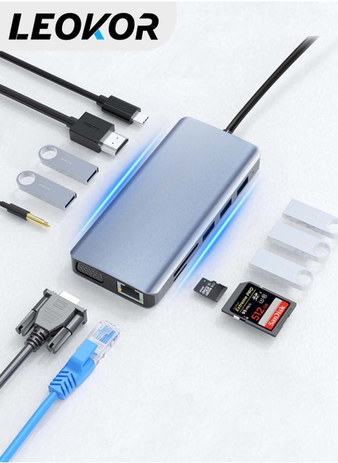 موزع USB C، محطة إرساء USB C 12 في 1، محول متعدد المنافذ ثلاثي العرض، شاشة مزدوجة اتش دي ام اي في جي ايه، جيجابت إيثرنت، 100 وات PD، 4 منافذ USB، قارئ بطاقة TF/SD، صوت، لجهاز ماك بوك برو والمزيد