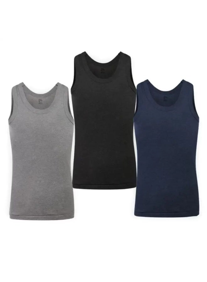 Lux Boys Vest Cotton Tank Top Undershirt Vest- For 7-8yrs Gray Blue Black Color, Pack of 3pcs - Image 1
