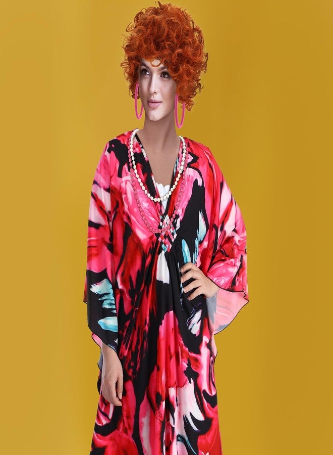 Croloose 5 Pcs Halloween Women Landlady Costume Set with Print Caftan Dress Curly Wig Bead Necklace Earring for Cosplay Party, Flower Style, One size - Image 5