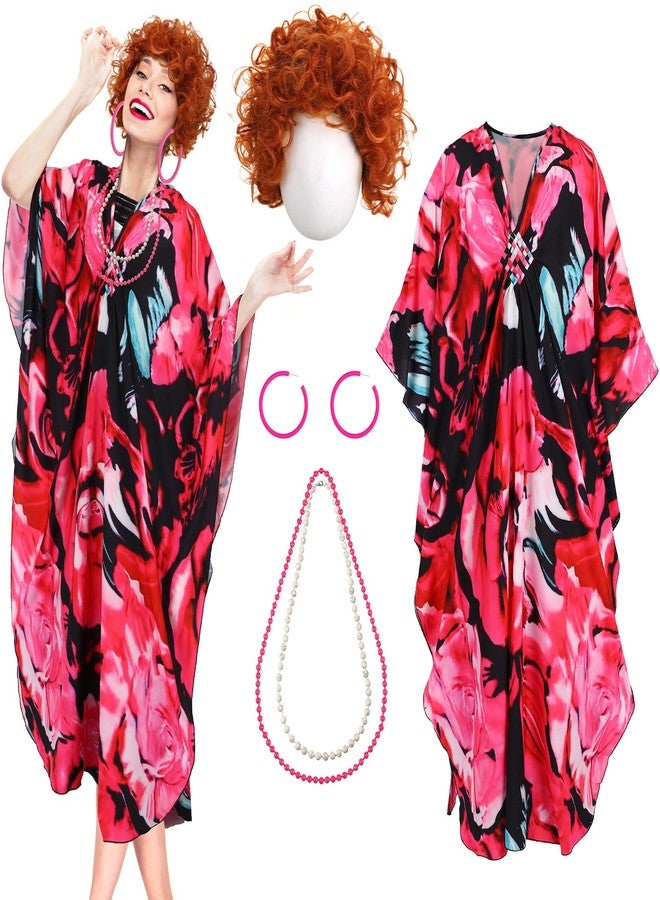 Croloose 5 Pcs Halloween Women Landlady Costume Set with Print Caftan Dress Curly Wig Bead Necklace Earring for Cosplay Party, Flower Style, One size - Image 1