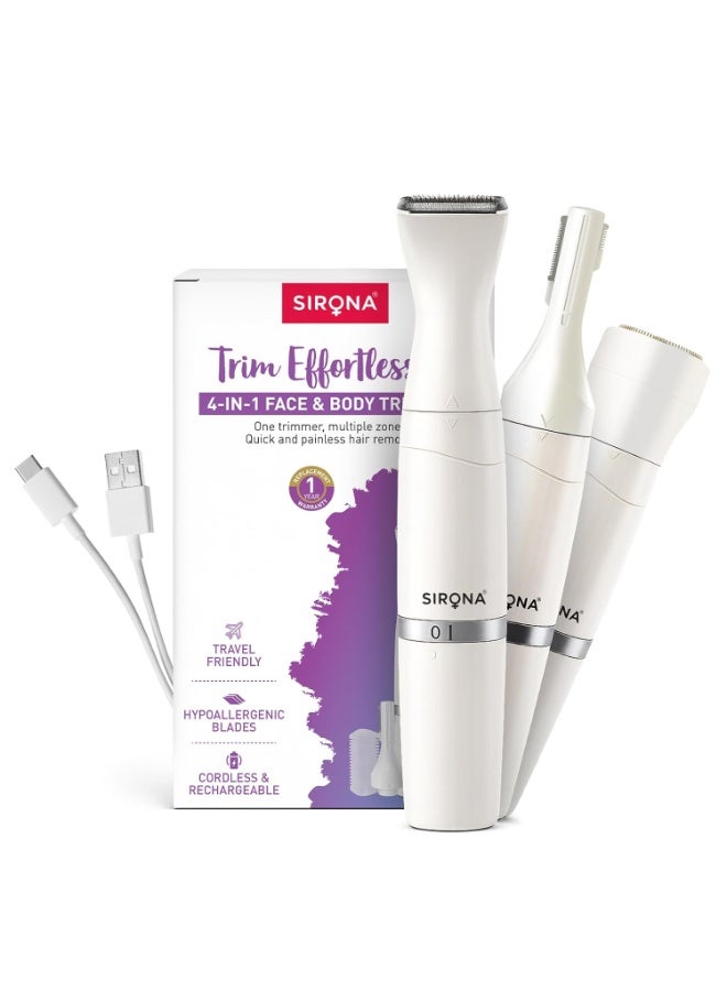 Sirona 4-IN-1 Face & Body Trimmer for Women | Body Trimmer & Shaver, Eyebrow Trimmer | Painless Hair Removal for Arms, Underarms, Legs | Electric Razor | 90 Minutes Runtime - Image 1