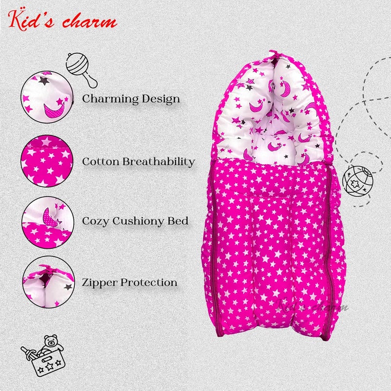Kid's Charm Kids Charm MoonStar 3 in 1 Babys Cotton Bed Cum Carry Bed Printed Baby Sleeping BagBaby BedInfant Portable for Unisex Easily Portable Light Weight to Carry for New Born 04 Months Old Pink - Image 4