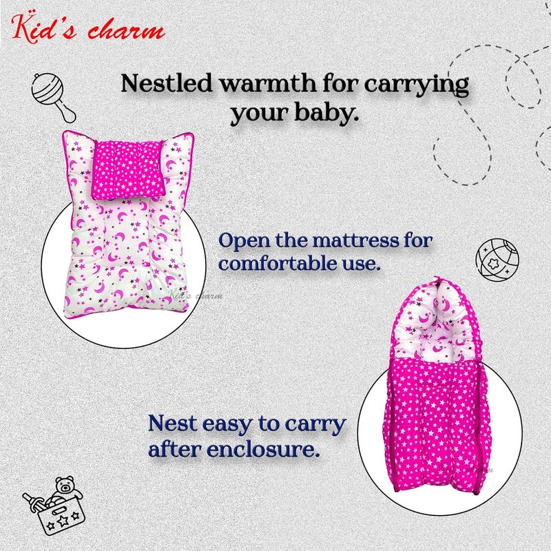 Kid's Charm Kids Charm MoonStar 3 in 1 Babys Cotton Bed Cum Carry Bed Printed Baby Sleeping BagBaby BedInfant Portable for Unisex Easily Portable Light Weight to Carry for New Born 04 Months Old Pink - Image 3