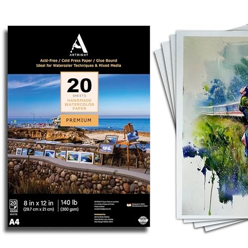 ArtRight Artists' Watercolor Paper A4 300 GSM - 20 Sheets of Handmade Rough Grain Water Colour Papers for Watercolour, Acrylic, Gouache, Ink & Mixed Media - Image 1