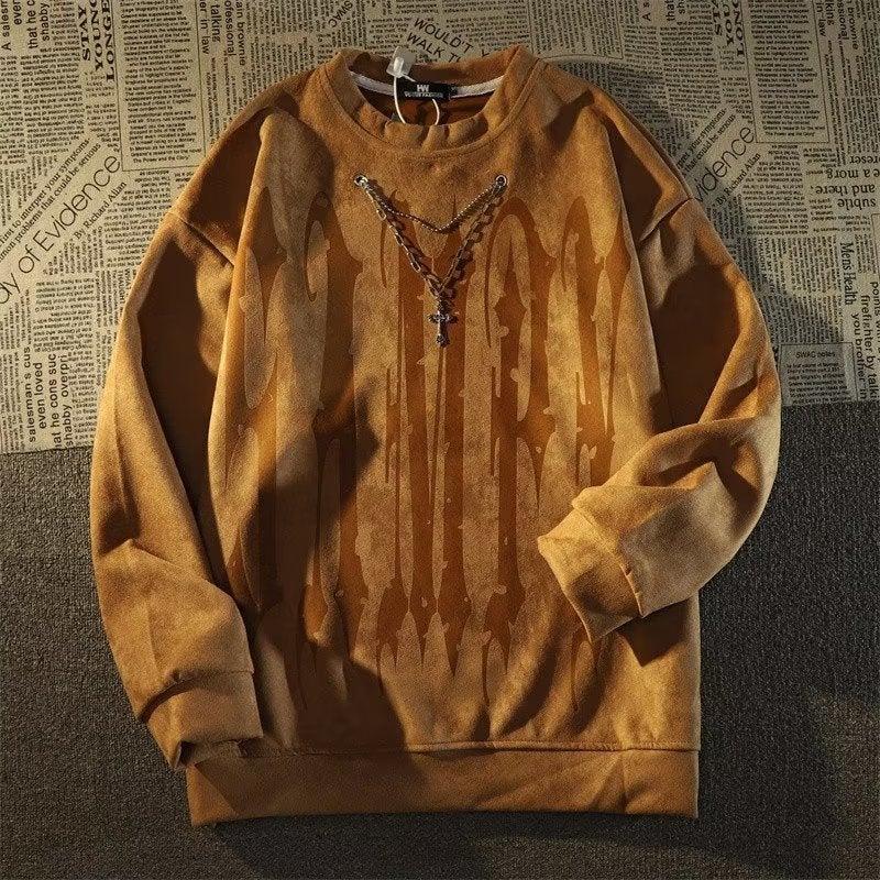 Autumn 2022 American Retro Hip-Hop Printed Necklace Round Neck Sweatshirt Mens Trendy Brand Street Suede Long Sleeve Top Black - Image 2