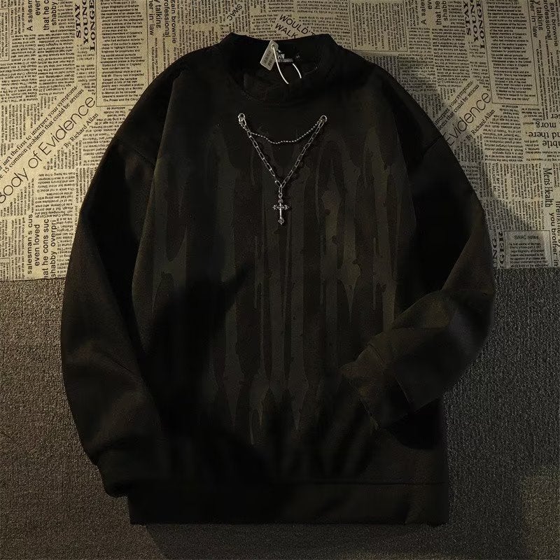 Autumn 2022 American Retro Hip-Hop Printed Necklace Round Neck Sweatshirt Mens Trendy Brand Street Suede Long Sleeve Top Black - Image 1