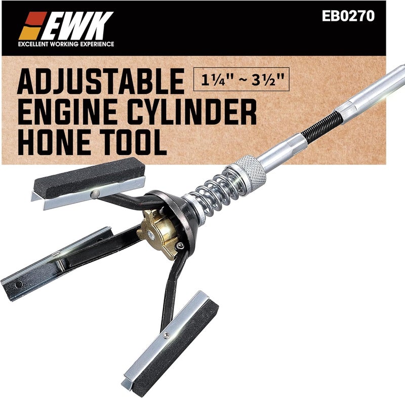 EWK 1-1/4 to 3-1/2 Inch Adjustable Engine Cylinder Hone Tool – 3-Stone 220 Grit Steel Deglazer for Automotive & Motorcycle, 1/4″ Drive, Remove & Re-finish Cylinder Walls Safe, Smooth, Damage-Free - Image 1