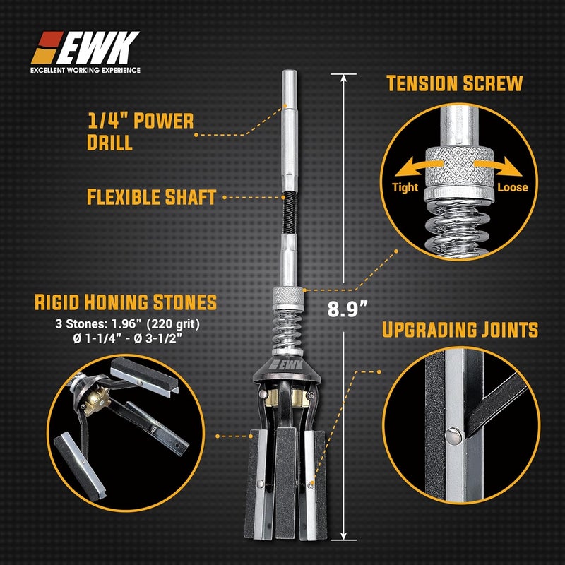 EWK 1-1/4 to 3-1/2 Inch Adjustable Engine Cylinder Hone Tool – 3-Stone 220 Grit Steel Deglazer for Automotive & Motorcycle, 1/4″ Drive, Remove & Re-finish Cylinder Walls Safe, Smooth, Damage-Free - Image 2