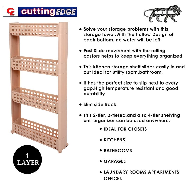 Cutting EDGE Plastic 3 Layer Slim Classic Smart Storage Organizer Multipurpose and EasytoMove Slide Out Shelf Rack Trolley with Wheels Set of 4 Beige - Image 4