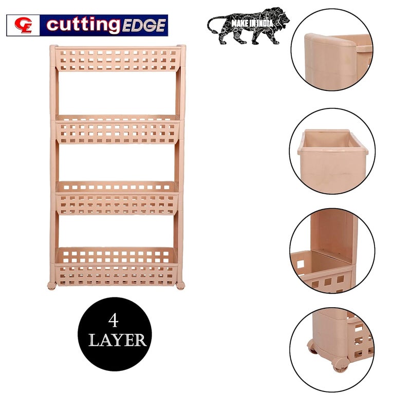 Cutting EDGE Plastic 3 Layer Slim Classic Smart Storage Organizer Multipurpose and EasytoMove Slide Out Shelf Rack Trolley with Wheels Set of 4 Beige - Image 5