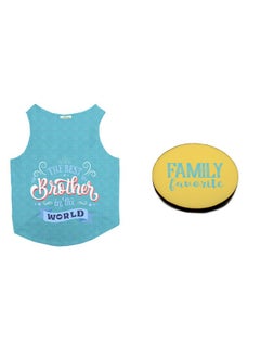 Dog T-Shirt With Rakhi Combo Best Brother In The World & Family Favorite Printed Dog Round Neck Sleeveless Vest Tank T-Shirt & Rakhi+Fridge Magnet Happy Raksha Bandhan Special Crafted With Anti Chafing Elastic Band Gift For Bro/Boys Dogs (Steel Blue/Xs)