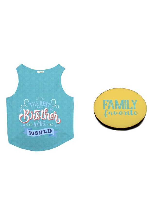 rusepin - Dog T-Shirt With Rakhi Combo Best Brother In The World & Family Favorite Printed Dog Round Neck Sleeveless Vest Tank T-Shirt & Rakhi+Fridge Magnet Happy Raksha Bandhan Special Crafted With Anti Chafing Elastic Band Gift For Bro/Boys Dogs (Steel Blue/Xs) - Image 1