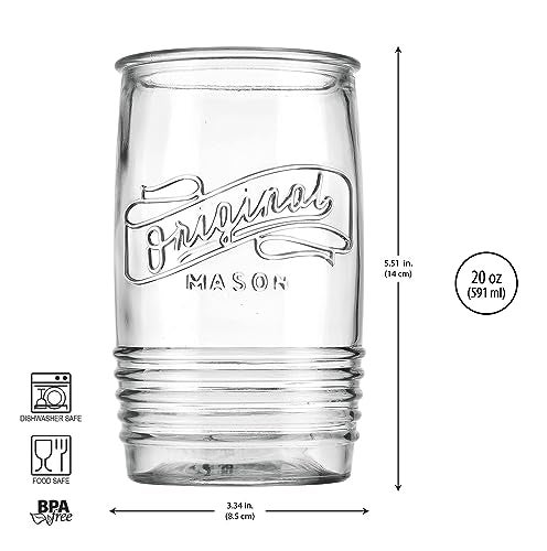 Glaver's Set of 8 Tumbler Glass Cups 20 OZ Mason Stemless Tall Drinking Glasses For Everyday Use, Modern yet Vintage Original Mason Logo Glassware for Bar, Water, Beer, Juice. - Image 4