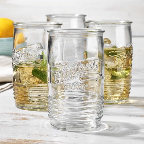 Glaver's Set of 8 Tumbler Glass Cups 20 OZ Mason Stemless Tall Drinking Glasses For Everyday Use, Modern yet Vintage Original Mason Logo Glassware for Bar, Water, Beer, Juice. - Image 2