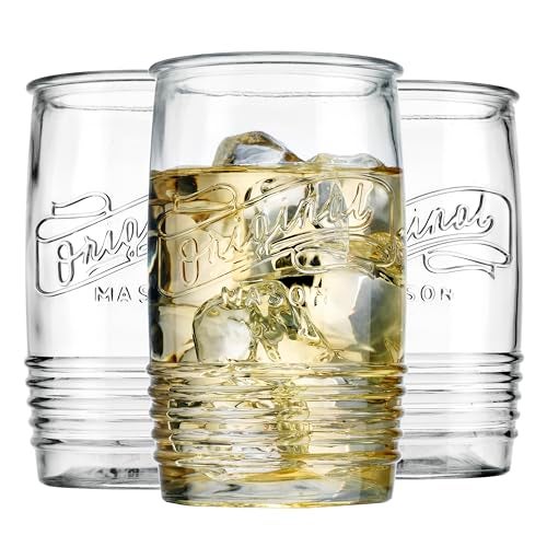 Glaver's Set of 8 Tumbler Glass Cups 20 OZ Mason Stemless Tall Drinking Glasses For Everyday Use, Modern yet Vintage Original Mason Logo Glassware for Bar, Water, Beer, Juice. - Image 1