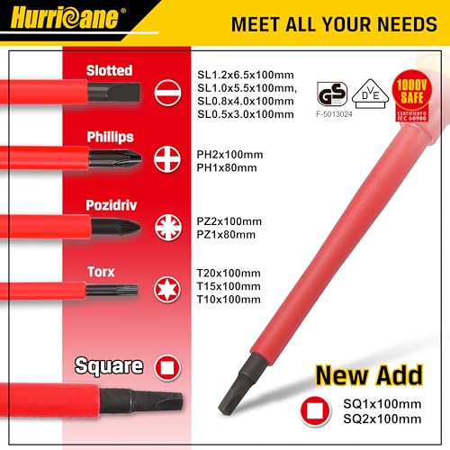 HURRICANE 1000V Insulated Screwdriver Set 15 Piecse Professional Insulated Electrician Screwdriver Set CRV Magnetic Tips SquareRobertson Phillips Slotted Pozi Torx Insulated Electrician Tool Kit - Image 3