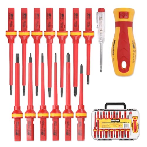 HURRICANE 1000V Insulated Screwdriver Set 15 Piecse Professional Insulated Electrician Screwdriver Set CRV Magnetic Tips SquareRobertson Phillips Slotted Pozi Torx Insulated Electrician Tool Kit - Image 1