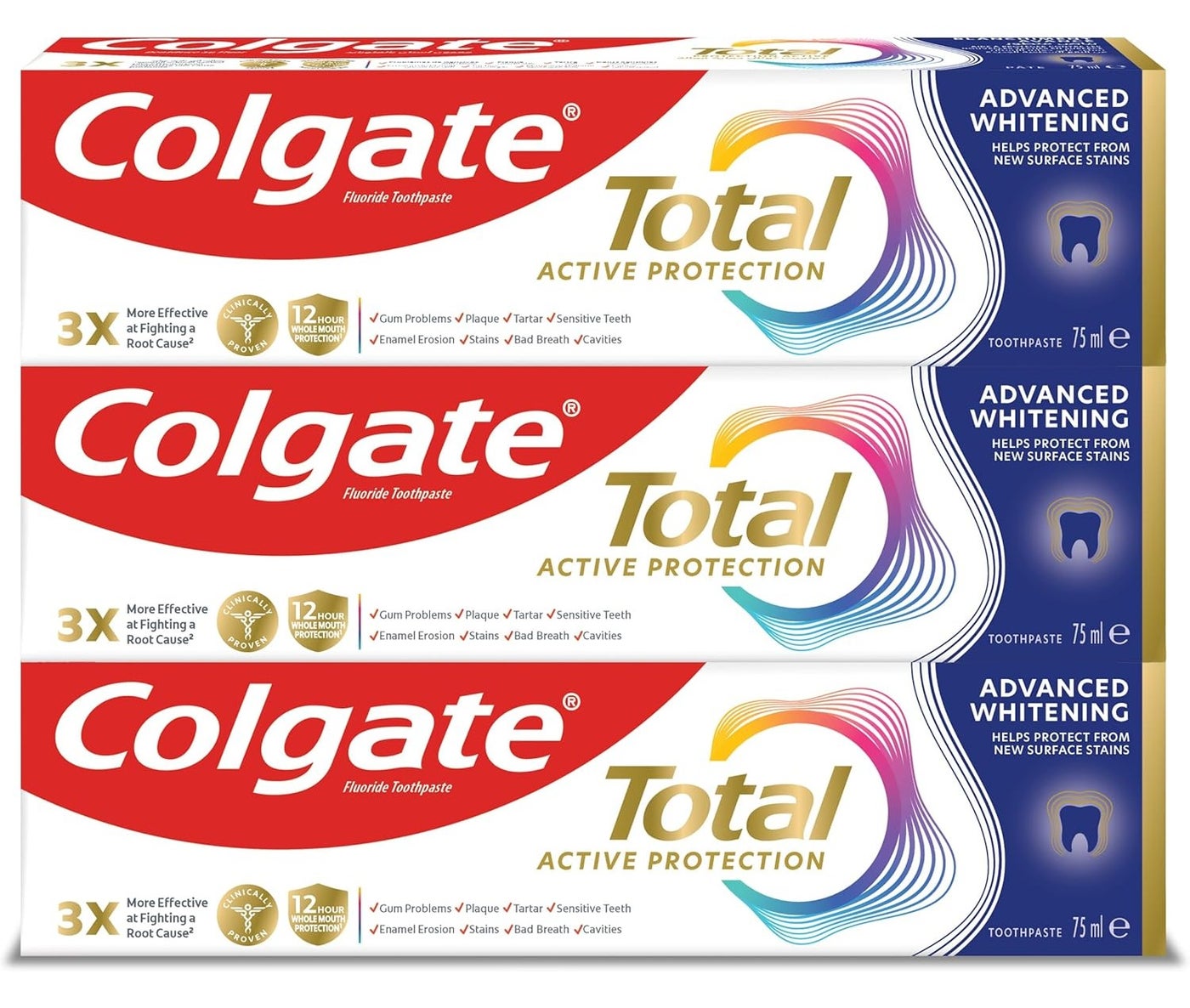 Colgate Total Active Prevention Advanced Whitening Toothpaste 3 x 75ml | Whitening Toothpaste for Fresh Breath, Plaque Protection, Cavity Care & Stain Removal | Mint Toothpaste for Adults